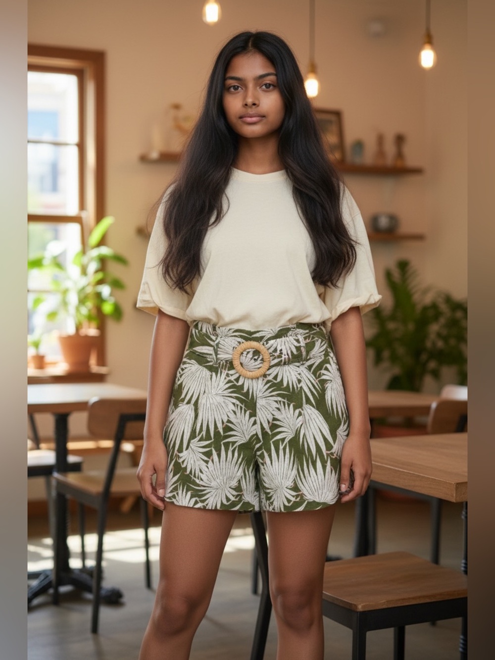 Tahari 100% Linen High-Rise Tropical‎ Print Paperbag Shorts - Olive/White Summer
